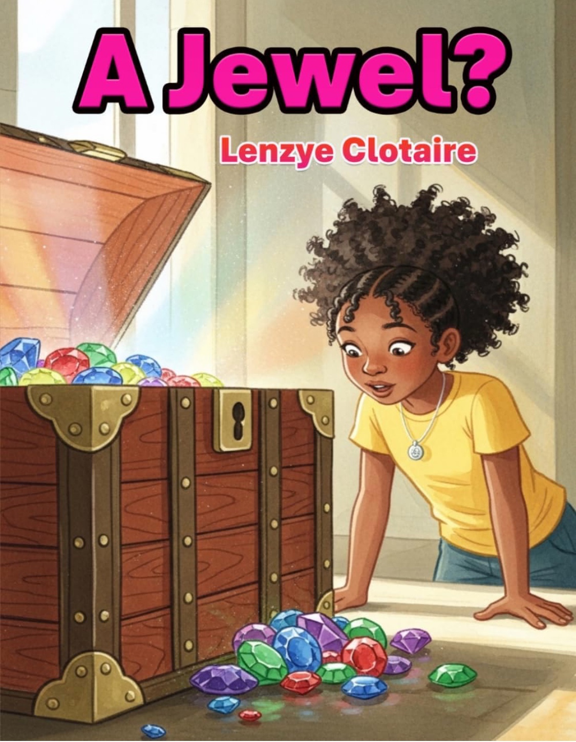 A Jewel? by Lenzye Clotaire. The illustrated cover shows a young girl discovering a treasure chest full of colorful jewels.